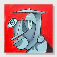 a painting of a man with a hat on a red background
