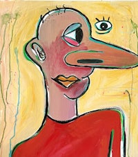 a painting of a man in a red shirt