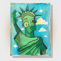 a painting of a statue of liberty holding a flag