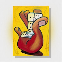 a painting of dominoes on a yellow background