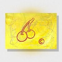 a drawing of a cherry on a yellow background