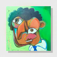 a painting of a man with a tie on a green background