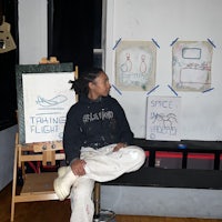 a woman sitting on a chair in front of a easel