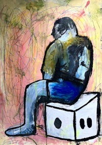 a painting of a man sitting on a box