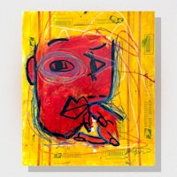 a painting of a red face on a yellow background