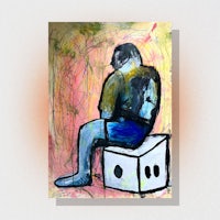 a painting of a man sitting on a box