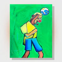 a painting of a man carrying a ball