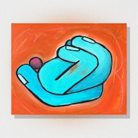 a painting of a blue ball on an orange background