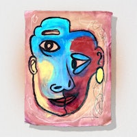 a painting of a man's face on a pink background