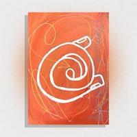 a painting with a white circle on an orange background