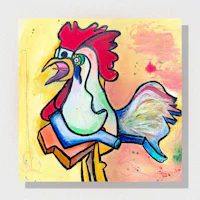 a painting of a rooster on a yellow background
