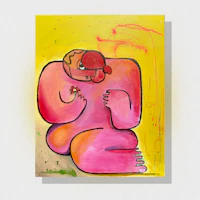a painting of a pink person sitting on a yellow background