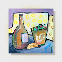 a painting of a bottle of liquor and a slice of orange