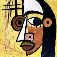 a painting of a woman with a black and yellow face